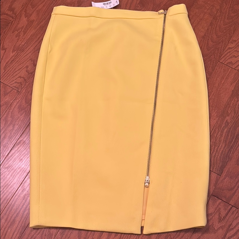 NWT  J. Crew Lemon Yellow Pencil Midi Skirt Diagonal Gold Zipper 10 Tall
